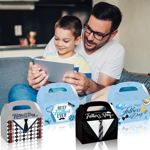 12 Pcs Father's Day Treat Boxes, 4 Designs Suit Necktie Themed Gable Gift Boxes with Handles, Best Dad Ever Paper Candy Cookie Gift Boxes for Father’s Day Party Favors in Saudi Arabia