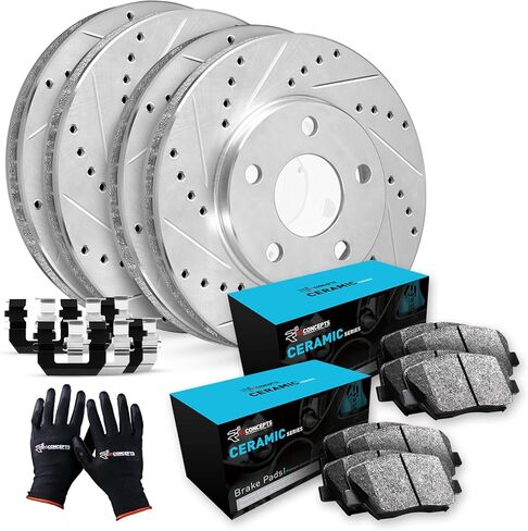 R1 Concepts Front and Rear Brake Kit Fits 2011-2014 Ford Mustang| Ceramic Pads, Drilled Slotted Rotors| Hardware| 13.8" Front & 12.0" Rear in Kuwait