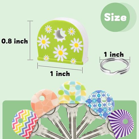 12 Pcs 1-Inch Key Cap Covers with Labels with 10 Pcs 1" Key Rings, Soft Stretchy Silicone Key Identifiers for House Keys, Cute Key Head Protectors for Standard Flat Keys, 6 Stylish Patterns in Kuwait