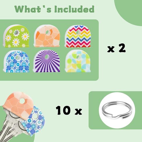 12 Pcs 1-Inch Key Cap Covers with Labels with 10 Pcs 1" Key Rings, Soft Stretchy Silicone Key Identifiers for House Keys, Cute Key Head Protectors for Standard Flat Keys, 6 Stylish Patterns in Kuwait