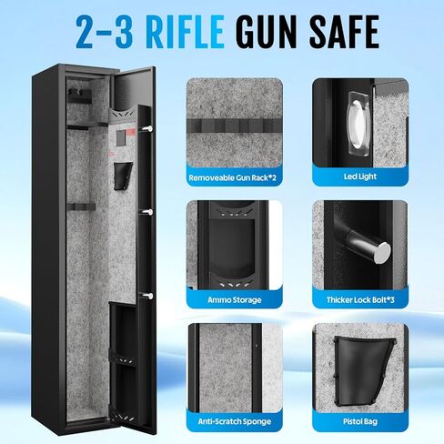 KAER 2-3 Gun Safe for Rifles and Pistols Guns Cabinet for Shotguns Quick Access Long Rifle Safes with Removable Rack LED Light Adjustable Shelves for Home Living Room Bedroom Closet Cloakroom (Black) in Kuwait