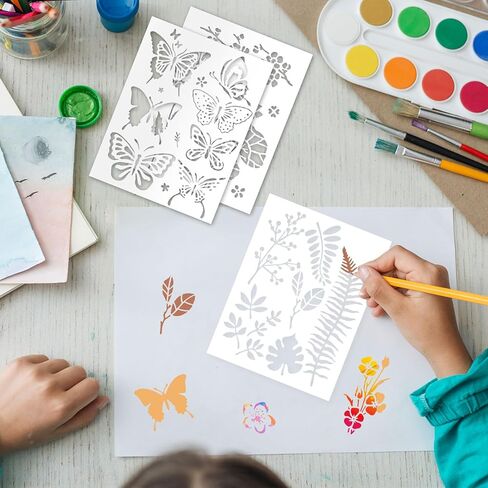 Wall Stencils for Painting, 15-Pack Reusable Plastic Stencils, 8 Inch Leaf Flower Butterfly Patterns, Flexible PET, for Wall Furniture Canvas Home Decor DIY Crafts in Kuwait