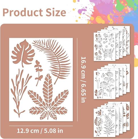 Wall Stencils for Painting, 15-Pack Reusable Plastic Stencils, 8 Inch Leaf Flower Butterfly Patterns, Flexible PET, for Wall Furniture Canvas Home Decor DIY Crafts in Kuwait