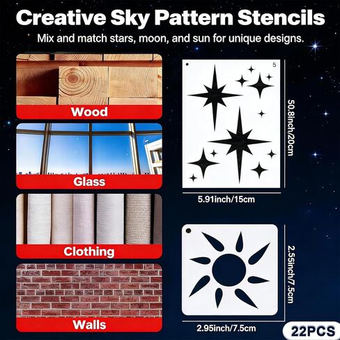 22 Pcs Star Stencils for Painting, Reusable Star Wall Stencil and Moon Stencil, Large Stencils for Painting on Walls, Canvas, Fabric, Decorative Stencil for Home in Saudi Arabia