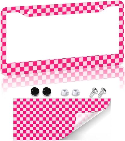 Pink Checkered License Plate Frame - Pink Race Flag License Plate Frame 2 Hole Aluminum Car Accessory 12.3 X 6.3Inch Car Sticker Gift for Men Women in Kuwait