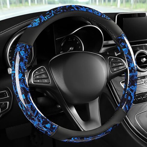 Blue Forged Carbon Crescent Style Leather Steering Wheel Cover, Forged Carbon Leather, Anti-Slip, Breathable, Universal Fit for 14.5–15 in Steering Wheel Cover for Men Women in Kuwait