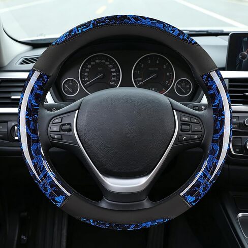 Blue Forged Carbon Crescent Style Leather Steering Wheel Cover, Forged Carbon Leather, Anti-Slip, Breathable, Universal Fit for 14.5–15 in Steering Wheel Cover for Men Women in Kuwait