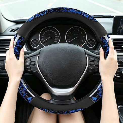 Blue Forged Carbon Crescent Style Leather Steering Wheel Cover, Forged Carbon Leather, Anti-Slip, Breathable, Universal Fit for 14.5–15 in Steering Wheel Cover for Men Women in Kuwait