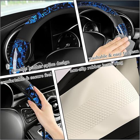 Blue Forged Carbon Crescent Style Leather Steering Wheel Cover, Forged Carbon Leather, Anti-Slip, Breathable, Universal Fit for 14.5–15 in Steering Wheel Cover for Men Women in Kuwait