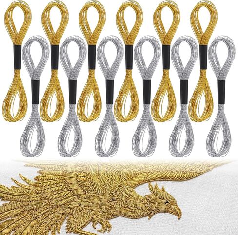12 Skeins Metallic Embroidery Floss Gold Embroidery Thread 105 Yards Silver Cross Stitch Thread for Hand Crafts DIY Art Sewing Supplies (8 M 12 Strands Gold+Silver) in Saudi Arabia