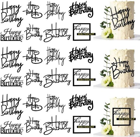 24 PCS Black Happy Birthday Cake Toppers Mirror Acrylic Side Cake Decorations 8 Styles in Saudi Arabia