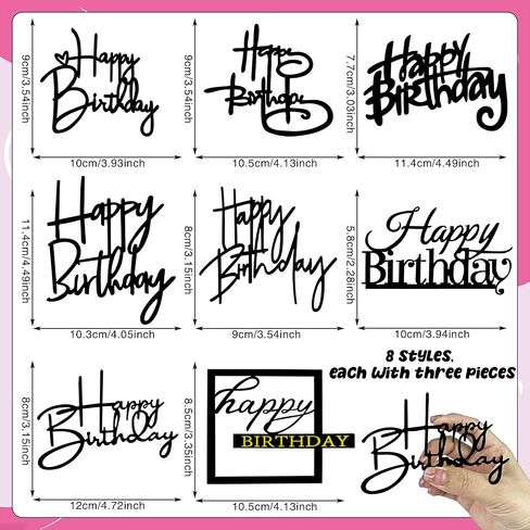 24 PCS Black Happy Birthday Cake Toppers Mirror Acrylic Side Cake Decorations 8 Styles in Saudi Arabia