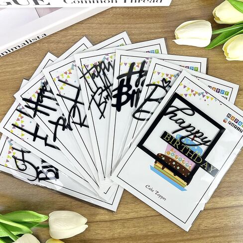 24 PCS Black Happy Birthday Cake Toppers Mirror Acrylic Side Cake Decorations 8 Styles in Saudi Arabia