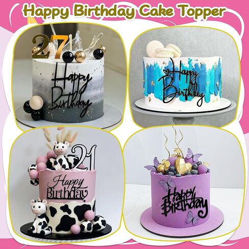 24 PCS Black Happy Birthday Cake Toppers Mirror Acrylic Side Cake Decorations 8 Styles in Saudi Arabia