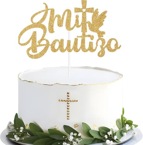 Mi Bautizo Cake Topper, Spanish Baptism Cake Decor, First Holy Communion, Christening/Baby Shower/Baby 1st Birthday Party Decorations - Gold Glitter in Kuwait
