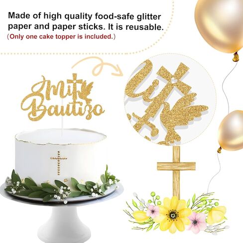 Mi Bautizo Cake Topper, Spanish Baptism Cake Decor, First Holy Communion, Christening/Baby Shower/Baby 1st Birthday Party Decorations - Gold Glitter in Kuwait