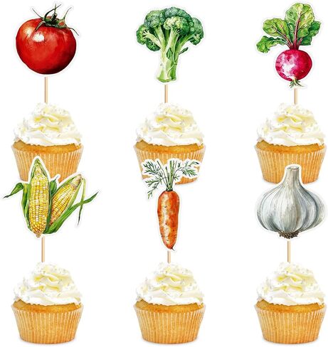 30Pcs Vegetables Cupcake Toppers Carrots Radishes Tomato Corn Broccoli Garlic Cupcake Picks for Baby Shower Locally Grown Birthday Cupcake Decorations Farm Garden Party Supplies in Kuwait