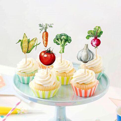 30Pcs Vegetables Cupcake Toppers Carrots Radishes Tomato Corn Broccoli Garlic Cupcake Picks for Baby Shower Locally Grown Birthday Cupcake Decorations Farm Garden Party Supplies in Kuwait