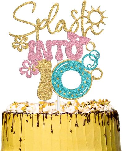 Splash Into 10 Cake Topper, Summer 10th Birthday Party Decorations, Beach Pool Themed Birthday Decoration for 10th Boy Girl, Hawaiian Tenth Bday Decor Gold Glitter in Kuwait