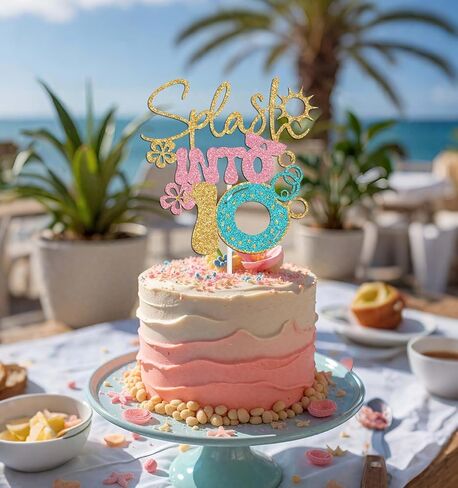 Splash Into 10 Cake Topper, Summer 10th Birthday Party Decorations, Beach Pool Themed Birthday Decoration for 10th Boy Girl, Hawaiian Tenth Bday Decor Gold Glitter in Kuwait