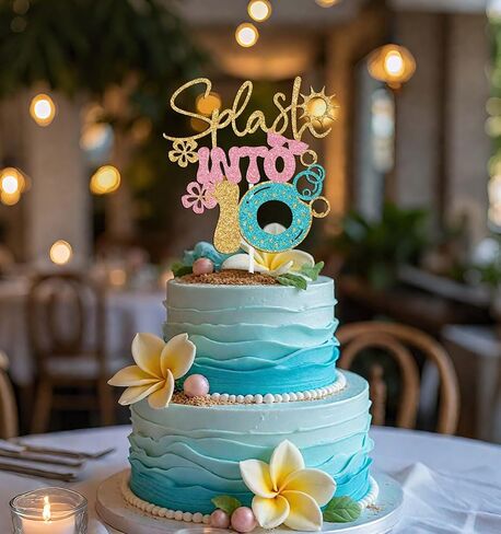 Splash Into 10 Cake Topper, Summer 10th Birthday Party Decorations, Beach Pool Themed Birthday Decoration for 10th Boy Girl, Hawaiian Tenth Bday Decor Gold Glitter in Kuwait