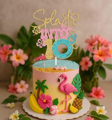 Splash Into 10 Cake Topper, Summer 10th Birthday Party Decorations, Beach Pool Themed Birthday Decoration for 10th Boy Girl, Hawaiian Tenth Bday Decor Gold Glitter in Kuwait