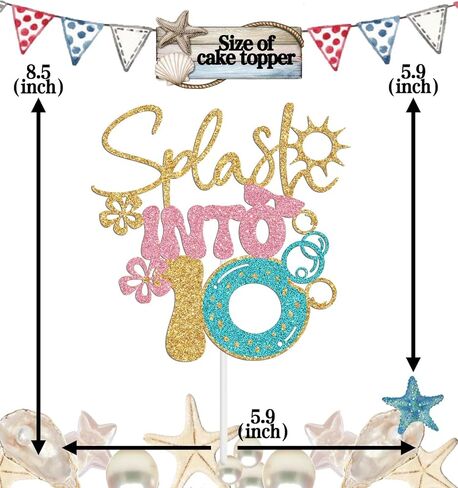 Splash Into 10 Cake Topper, Summer 10th Birthday Party Decorations, Beach Pool Themed Birthday Decoration for 10th Boy Girl, Hawaiian Tenth Bday Decor Gold Glitter in Kuwait