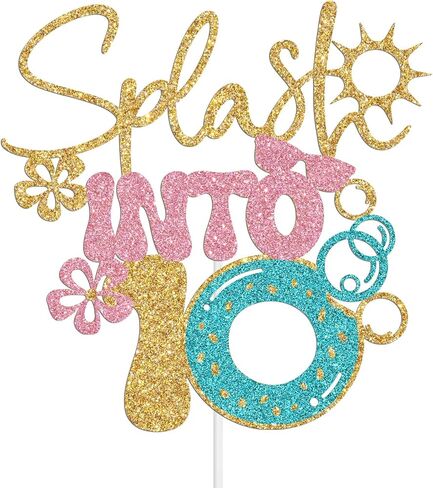 Splash Into 10 Cake Topper, Summer 10th Birthday Party Decorations, Beach Pool Themed Birthday Decoration for 10th Boy Girl, Hawaiian Tenth Bday Decor Gold Glitter in Kuwait