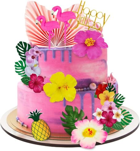12 PCS Flamingo Cake Toppers Flamingo Palm Leaves Hibiscus Flowers Hawaiian Cake Decorations for Tropical Luau Themed Birthday Supplies in Kuwait