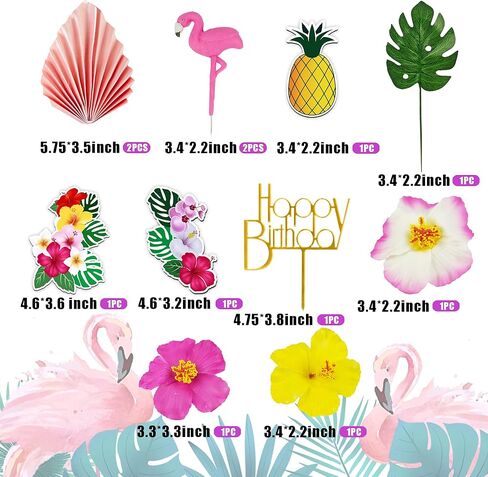 12 PCS Flamingo Cake Toppers Flamingo Palm Leaves Hibiscus Flowers Hawaiian Cake Decorations for Tropical Luau Themed Birthday Supplies in Kuwait