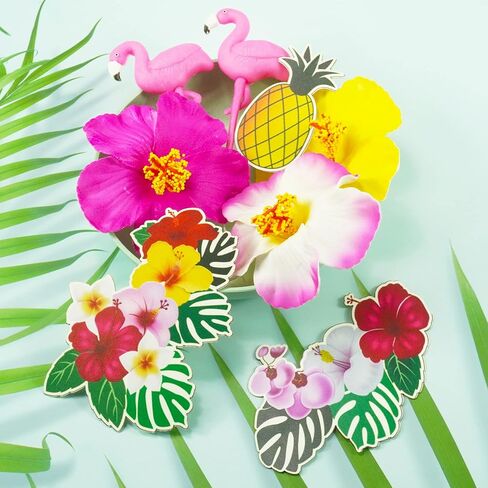 12 PCS Flamingo Cake Toppers Flamingo Palm Leaves Hibiscus Flowers Hawaiian Cake Decorations for Tropical Luau Themed Birthday Supplies in Kuwait