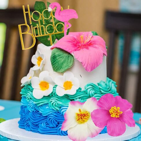 12 PCS Flamingo Cake Toppers Flamingo Palm Leaves Hibiscus Flowers Hawaiian Cake Decorations for Tropical Luau Themed Birthday Supplies in Kuwait