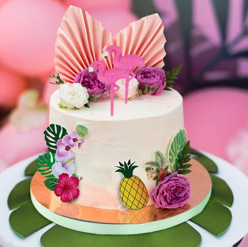 12 PCS Flamingo Cake Toppers Flamingo Palm Leaves Hibiscus Flowers Hawaiian Cake Decorations for Tropical Luau Themed Birthday Supplies in Kuwait