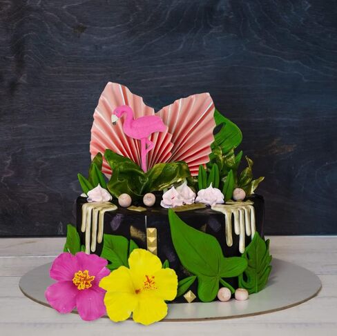12 PCS Flamingo Cake Toppers Flamingo Palm Leaves Hibiscus Flowers Hawaiian Cake Decorations for Tropical Luau Themed Birthday Supplies in Kuwait