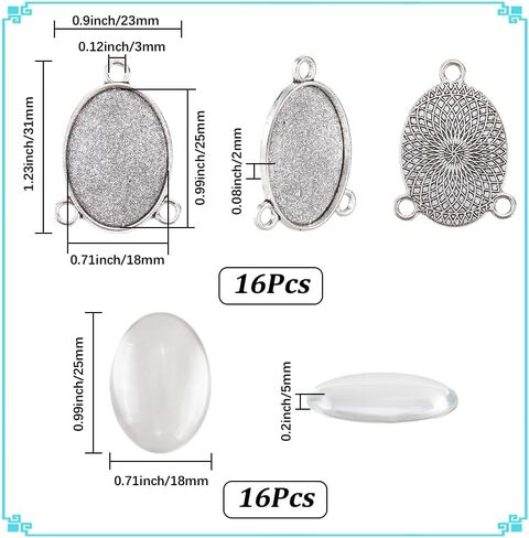 SUNNYCLUE 1 Box 16Pcs 3 Hole Connector Charms Silver Oval Charm Bulk Metal Alloy Basic Blank Bezel Linking Tray Pendants Kits with Glass Cabochons for Jewelry Making Necklaces Bracelets DIY Crafts in Kuwait