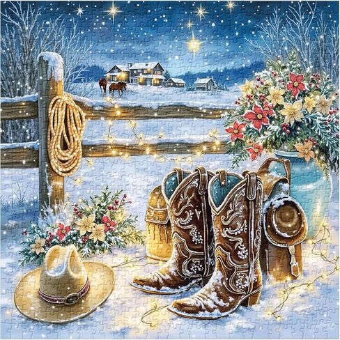 Winter Country Puzzles for Adults 1000 Pieces, Snowy Cowboy Boots Farm Jigsaw Puzzles, Cozy Rustic Landscape Puzzle in Kuwait