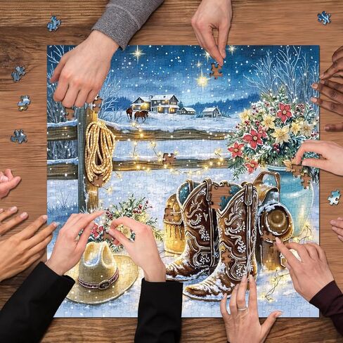 Winter Country Puzzles for Adults 1000 Pieces, Snowy Cowboy Boots Farm Jigsaw Puzzles, Cozy Rustic Landscape Puzzle in Kuwait