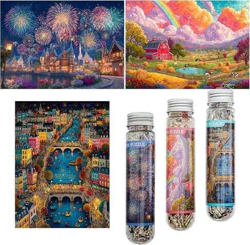 Small Jigsaw Puzzles for Adults Challenging Puzzle Small Puzzles Mini Jigsaw Puzzles 150 Pieces Micro Tiny Puzzle Fireworks Extravaganza Farm Night Town Travel Puzzles 6 x 4 Inch 3 Packs in Saudi Arabia