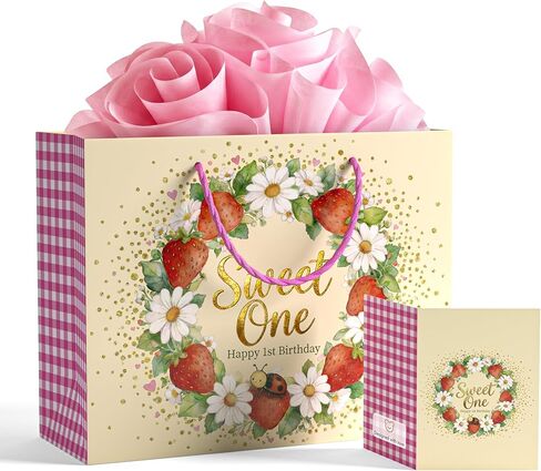BOPLYBAY Large Strawberry 1st Birthday Gift Bag Set for Baby Girl - Premium Sweet One Wrapping Kit with Gold Foil, Matching Greeting Card & 3 Pink Tissue Papers (13x10x4.7 Inch) in Saudi Arabia