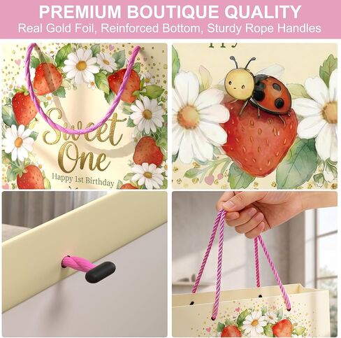 BOPLYBAY Large Strawberry 1st Birthday Gift Bag Set for Baby Girl - Premium Sweet One Wrapping Kit with Gold Foil, Matching Greeting Card & 3 Pink Tissue Papers (13x10x4.7 Inch) in Saudi Arabia