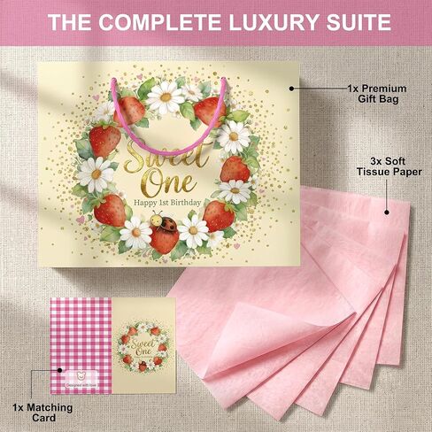 BOPLYBAY Large Strawberry 1st Birthday Gift Bag Set for Baby Girl - Premium Sweet One Wrapping Kit with Gold Foil, Matching Greeting Card & 3 Pink Tissue Papers (13x10x4.7 Inch) in Saudi Arabia
