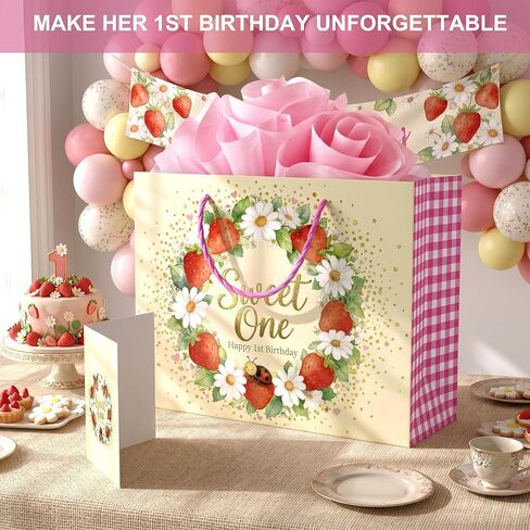 BOPLYBAY Large Strawberry 1st Birthday Gift Bag Set for Baby Girl - Premium Sweet One Wrapping Kit with Gold Foil, Matching Greeting Card & 3 Pink Tissue Papers (13x10x4.7 Inch) in Saudi Arabia