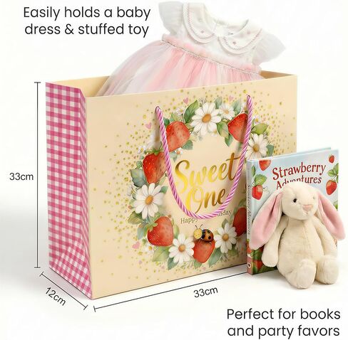 BOPLYBAY Large Strawberry 1st Birthday Gift Bag Set for Baby Girl - Premium Sweet One Wrapping Kit with Gold Foil, Matching Greeting Card & 3 Pink Tissue Papers (13x10x4.7 Inch) in Saudi Arabia