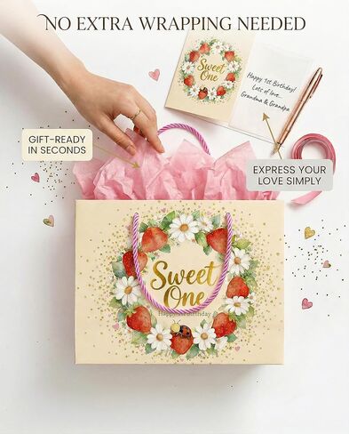 BOPLYBAY Large Strawberry 1st Birthday Gift Bag Set for Baby Girl - Premium Sweet One Wrapping Kit with Gold Foil, Matching Greeting Card & 3 Pink Tissue Papers (13x10x4.7 Inch) in Saudi Arabia
