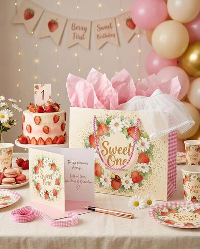BOPLYBAY Large Strawberry 1st Birthday Gift Bag Set for Baby Girl - Premium Sweet One Wrapping Kit with Gold Foil, Matching Greeting Card & 3 Pink Tissue Papers (13x10x4.7 Inch) in Saudi Arabia