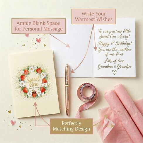 BOPLYBAY Large Strawberry 1st Birthday Gift Bag Set for Baby Girl - Premium Sweet One Wrapping Kit with Gold Foil, Matching Greeting Card & 3 Pink Tissue Papers (13x10x4.7 Inch) in Saudi Arabia