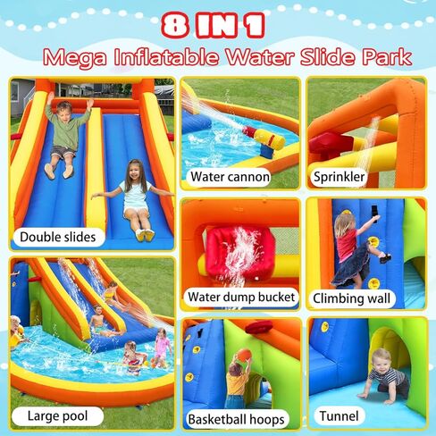 HuaKastro 15.6x15FT Giant Water Slide for Big Kids 5-12, Inflatable Water Park with Big Splash Pool, Dual Tall Slides & 2 Climb Walls for Racing Fun, W/Surprise Water Dump Bucket, Hide&Seek Cave in Saudi Arabia