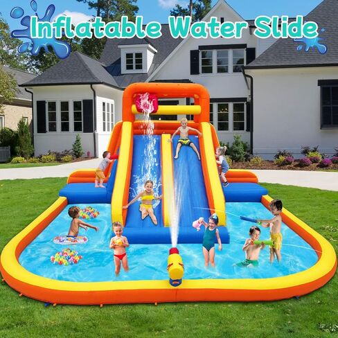 HuaKastro 15.6x15FT Giant Water Slide for Big Kids 5-12, Inflatable Water Park with Big Splash Pool, Dual Tall Slides & 2 Climb Walls for Racing Fun, W/Surprise Water Dump Bucket, Hide&Seek Cave in Saudi Arabia