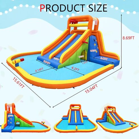 HuaKastro 15.6x15FT Giant Water Slide for Big Kids 5-12, Inflatable Water Park with Big Splash Pool, Dual Tall Slides & 2 Climb Walls for Racing Fun, W/Surprise Water Dump Bucket, Hide&Seek Cave in Saudi Arabia