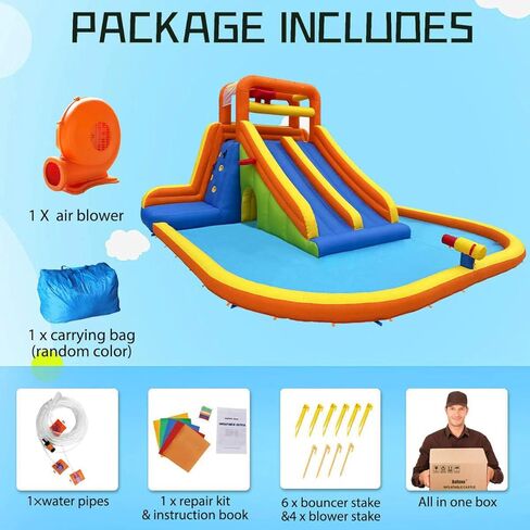 HuaKastro 15.6x15FT Giant Water Slide for Big Kids 5-12, Inflatable Water Park with Big Splash Pool, Dual Tall Slides & 2 Climb Walls for Racing Fun, W/Surprise Water Dump Bucket, Hide&Seek Cave in Saudi Arabia